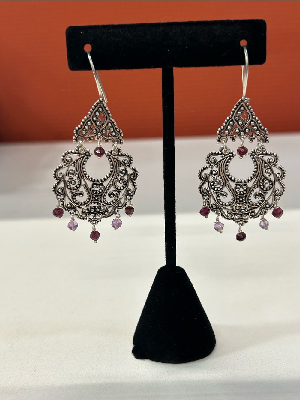 Gorgeous large sterling filigree amethyst garnet earrings
